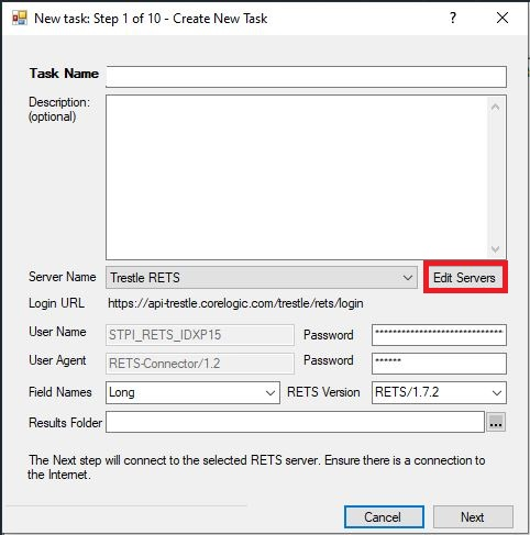RETS Connector New Task dialog with Edit Servers button marked in red