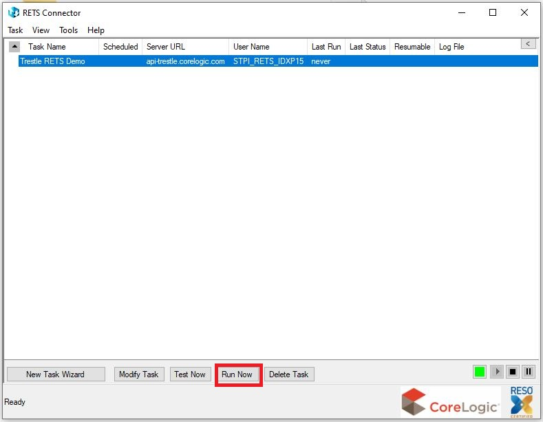 RETS Connector Window showing new task with Run Now button marked in red