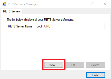 RETS Connector RETS Servers Manager dialog with New button marked in red