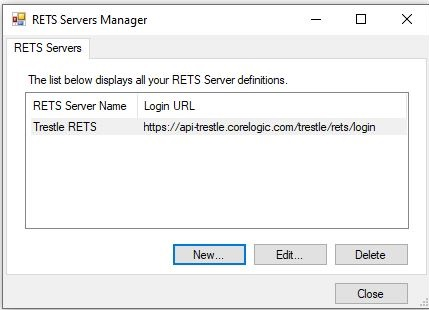 RETS Connector RETS Servers Manager dialog showing newly created server