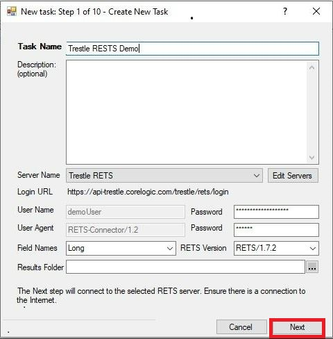 RETS Connector Create New Task dialog showing newly created server