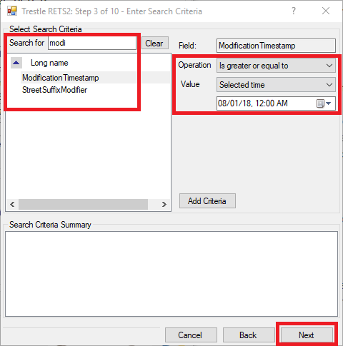 RETS Connector New Task Step 3 with field selection, criteria editing, and Next button marked in red