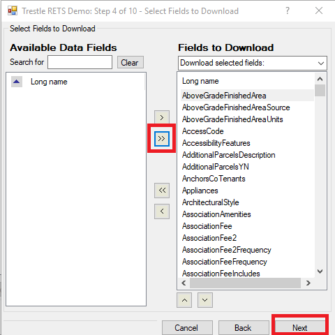 RETS Connector New Task Step 4 with >> button marked in red