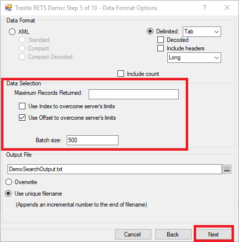 RETS Connector New Task Step 5 with data selection and next button marked in red